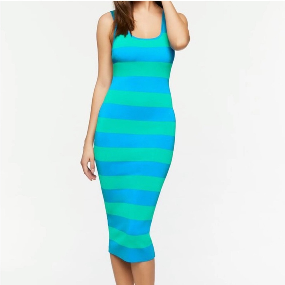 Striped Blue and Green Sleeveless Dress
